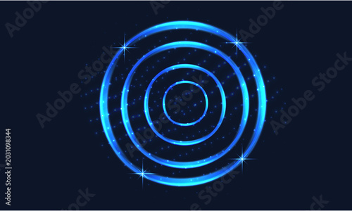 Bright blue neon circular frame with glowing laser light and spark swirl. Futuristic illuminated ring banner for sci-fi, tech, and modern digital design templates