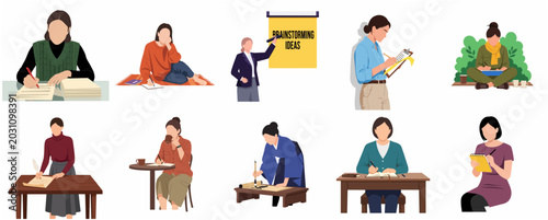 Collection of diverse women characters writing, brainstorming, and journaling in various scenes like office, home, and cafe; flat vector illustration set isolated on white.