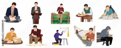 Set of flat vector illustrations of men writing and taking notes in various poses and settings