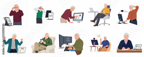 Senior man using technology set, elderly person working on computer and learning online vector illustration
