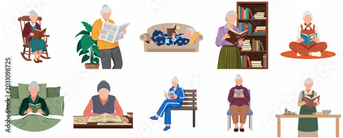 Set of flat illustrations featuring senior women reading books, newspapers, and digital tablets in various daily life situations and environments.