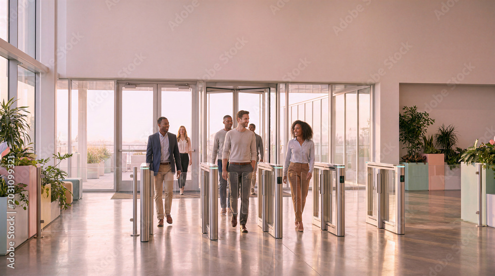 Fototapeta premium Business people entering modern office lobby through turnstiles