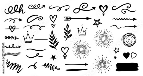 Hand Drawn Design Element Collection with Swirls Hearts Crowns Sunburst and Firework Vector Graphics