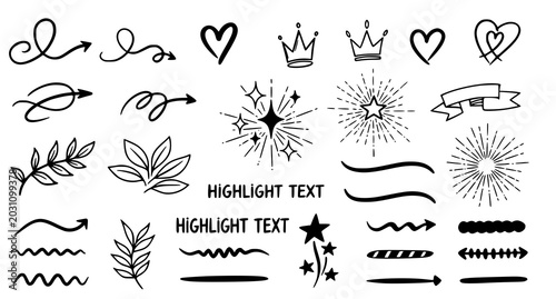 Modern Hand Drawn Decorative Swirl Arrow Heart Crown and Firework Vector Design Element Set