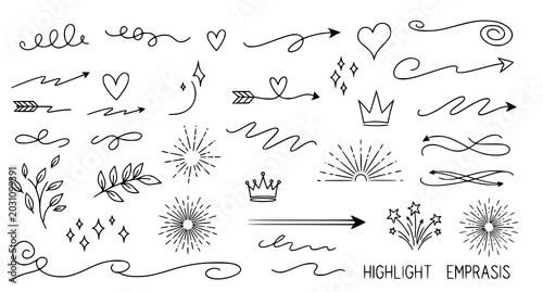 Decorative Hand Drawn Swirl Arrow Heart and Sunburst Design Element Vector Collection