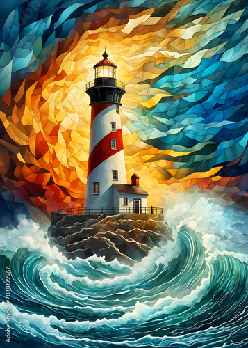 Lighthouse on the sea with a stained glass sky