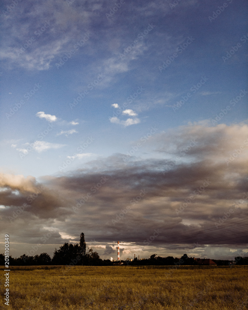 Fototapeta premium Scenic view of a golden agriculture field under a wide blue sky with dark clouds, industrial chimney on the horizon, countryside evening landscape with copy space