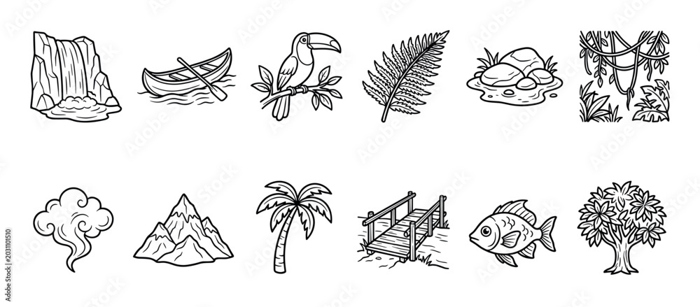 Fototapeta premium Various nature elements illustrations set featuring tropical jungle and outdoor objects like animals, plants, and landscapes in a simple line art style.