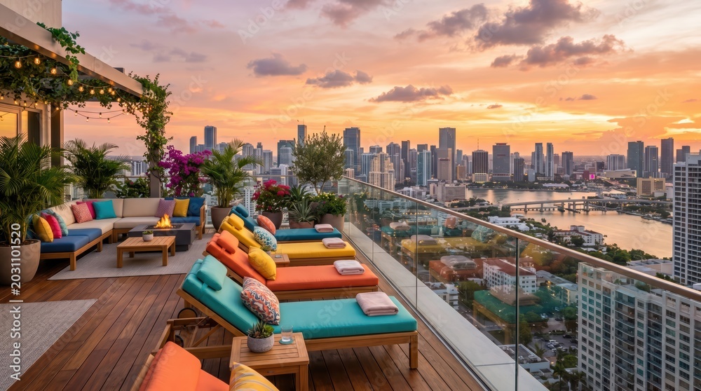 Obraz premium Rooftop poolside loungers with colorful cushions facing river and city skyline at sunset on highrise terrace overlooking waterfront cityscape