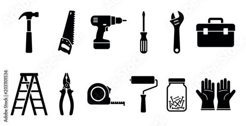 Various essential construction and home improvement tools are presented as a comprehensive set of black silhouette icons for DIY projects and professional work.