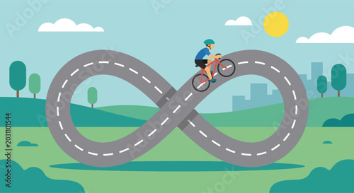 Foto Fit male cyclist in helmet and blue jersey riding a red bicycle on an endless infinity loop road track, continuous cycling journey concept and physical training