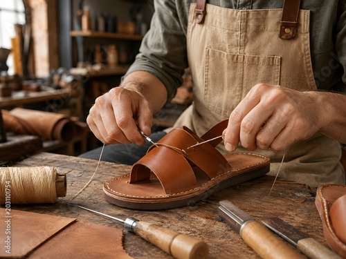 Leather craftsman hands using needle and thread to sew a handmade genuine brown leather sandal footwear
