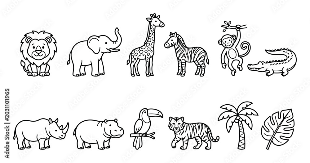 Naklejka premium Cute cartoon safari jungle animals and tropical plants line art collection featuring various wild creatures and foliage in a playful style.