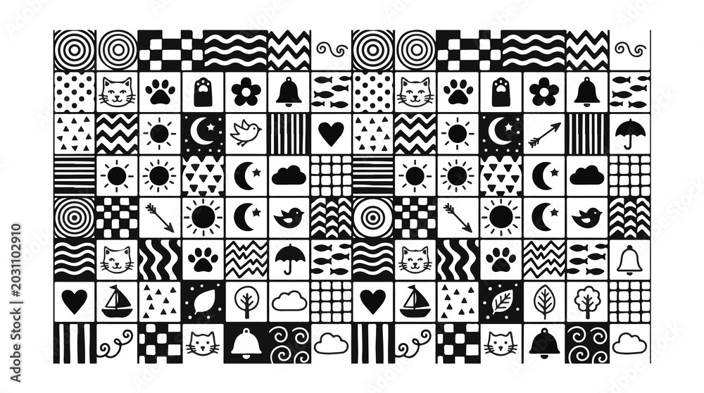 Fototapeta premium Black and White High Contrast Baby Sensory Pattern with Various Icons