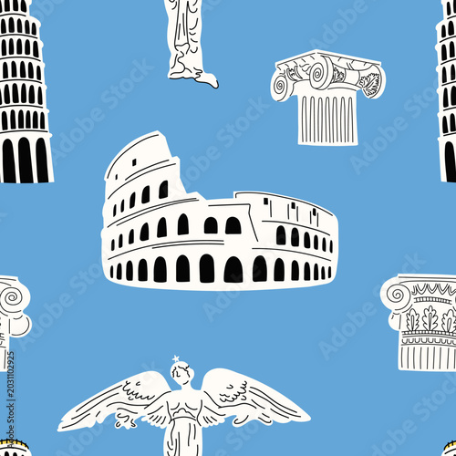 Seamless Italian pattern with famous landmarks like Colosseum, Leaning Tower of Pisa, Winged Victory statue and pillar columns. Blue vector travel background