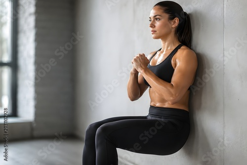 Strong fitness woman doing isometric wall sit exercise for leg strength training in a modern gym