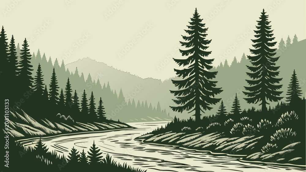 Obraz premium Scenic Mountain River Landscape Vector with Pine Trees and Woodland Valley