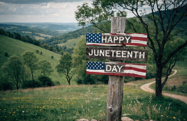 Happy Juneteenth Day Wooden Sign With American Flag Painted On Rustic Post In Countryside