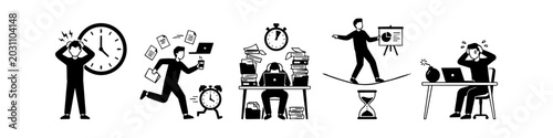 Картината върху платно Professional vector icons depicting work stress, tight deadlines, and time pressure