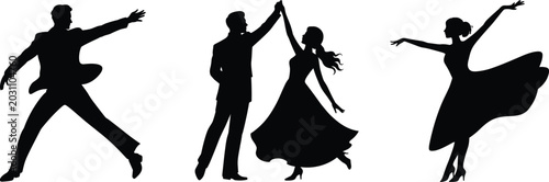Ballroom dancing couple and solo dancers pitch black solid silhouette set cad drawing flat vector illustration on white background,