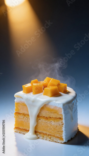 Delicious Slice of Layered Mango Cake with Melting White Cream and Steaming Mango Cubes Under Spotlight