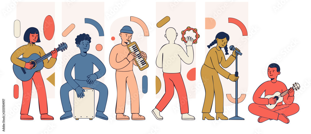 Fototapeta premium Music band group playing instruments, modern flat illustration of diverse musicians with guitar, cajon, melodica, tambourine and microphone performing together in a creative concert or studio session.