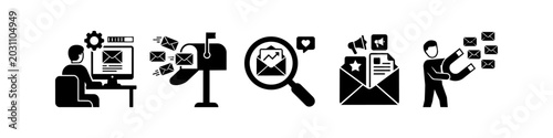 Obraz na płótnie A set of five black and white icons representing email marketing workflows: campaign setup, bulk mailing, analytics tracking, content creation, and lead attraction with a magnet