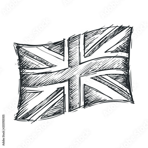 Union Jack flag sketch illustration waving proudly, representing British culture, heritage, and national identity with a hand-drawn, artistic style.