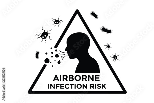 Warning sign about airborne infection risk with virus particles illustration