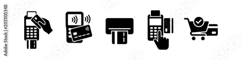 Obraz na płótnie Set of black vector icons showing various credit card payment methods including POS terminals, contactless technology, ATM insertion, and successful online checkout