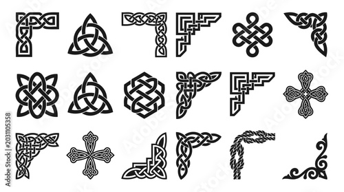 Irish Celtic vector corners design set, braided frame patterns - greeting card and invititon design elements, intricate Celtic knot corner designs.