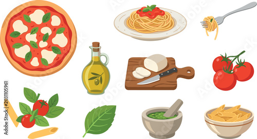 Φωτογραφία Italian Food Ingredient Collection with Pizza, Pasta, Olive Oil, Tomatoes, Basil