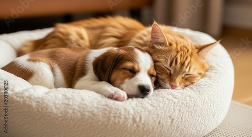 Adorable ginger cat and playful Jack Russell puppy sleeping peacefully together in a cozy, fluffy pet bed, capturing a moment of pure canine and feline friendship and comfort