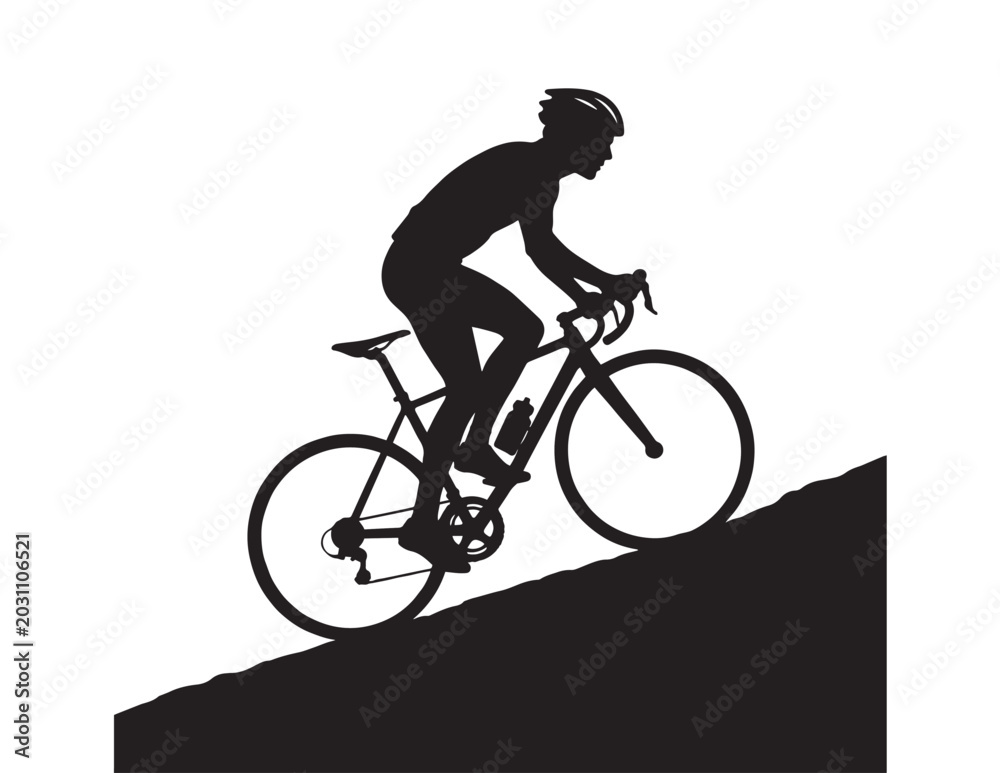 Obraz premium Dynamic cyclist silhouette vector, uphill road bike rider, athletic sport activity, black and white graphic for fitness and outdoor recreation designs.