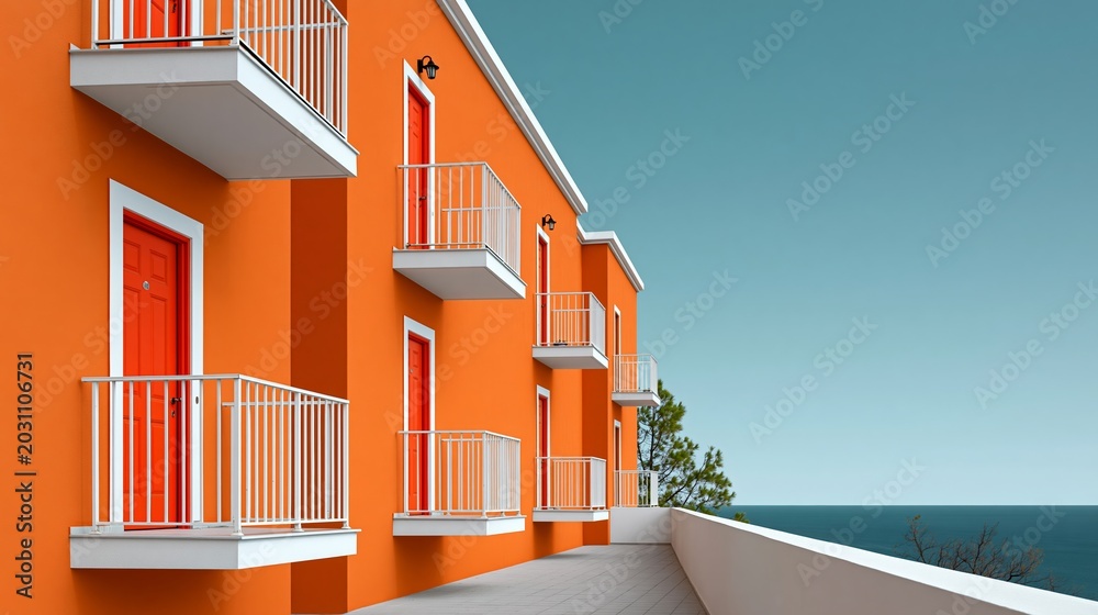 Fototapeta premium Modern orange building with white balconies and doors overlooking the ocean, featuring a clear blue sky and a spacious terrace in the foreground