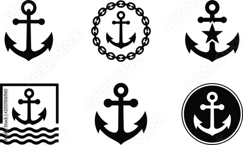 Bilde på lerret A set of six minimalist nautical anchor icons for maritime design and ocean trav