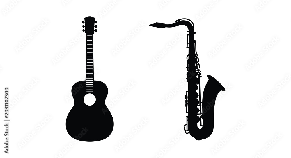 Fototapeta premium guitar and saxophone silhouettes on white background silhouette