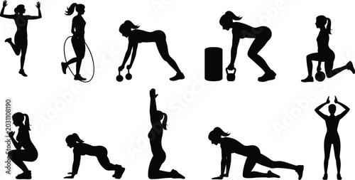 Bild auf Leinwand Fitness women workout set gym exercise training weights crossfit sport positions