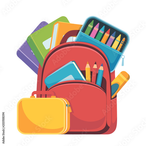 A red backpack overflowing with school supplies, including books, pencils, and a lunchbox.
