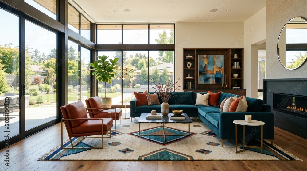 Fototapeta premium Modern living room arranged with teal sectional sofa and leather chairs overlooking garden through floor to ceiling windows