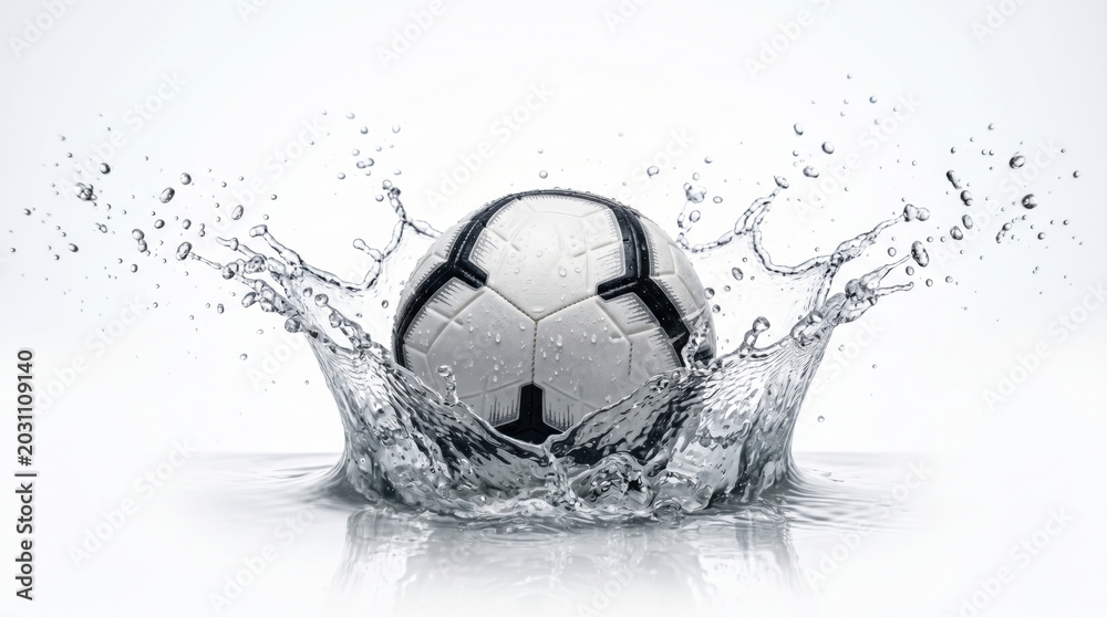 Naklejka premium Soccer ball splashing into water creating a dynamic liquid crown effect