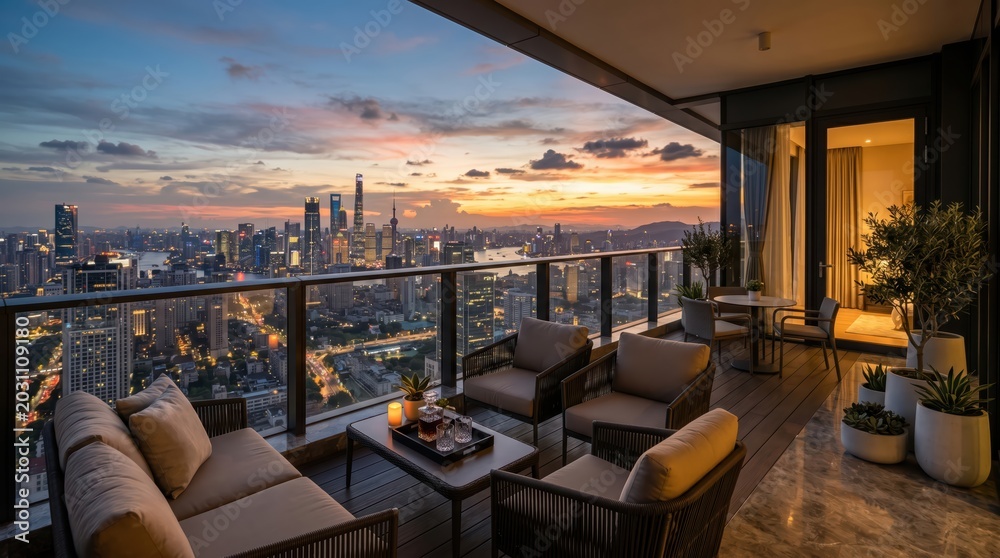 Fototapeta premium High rise balcony with outdoor seating and low tables facing illuminated cityscape during twilight