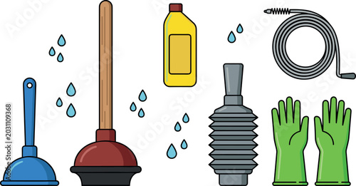 Tableau sur toile Bathroom Plumbing Cleaning Tools Collection with Toilet Plungers, Drain Auger, R