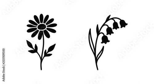 Bild auf Leinwand two floral silhouettes with daisy and bellflower shapes on white background silh