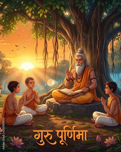 Guru Teaching Under Banyan Tree – Sacred Guru Purnima Sunrise