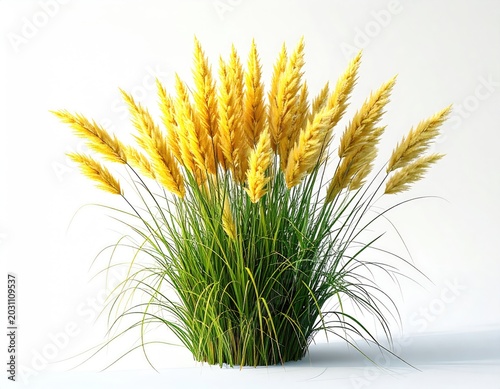 Tall feathery grass plumes in warm yellow hues rise above green blades