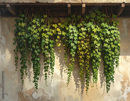 Green ivy drapes down textured wall from wooden overhang