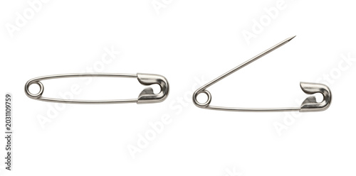 Open and closed silver metallic safety pins side by side