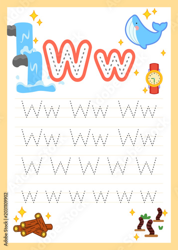 alphabet tracing worksheet of letter W with the illustration