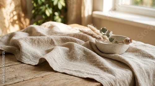 Cozy Neutral Linen Fabric Scene – Soft Natural Textile Background with Minimal Rustic Home Aesthetic